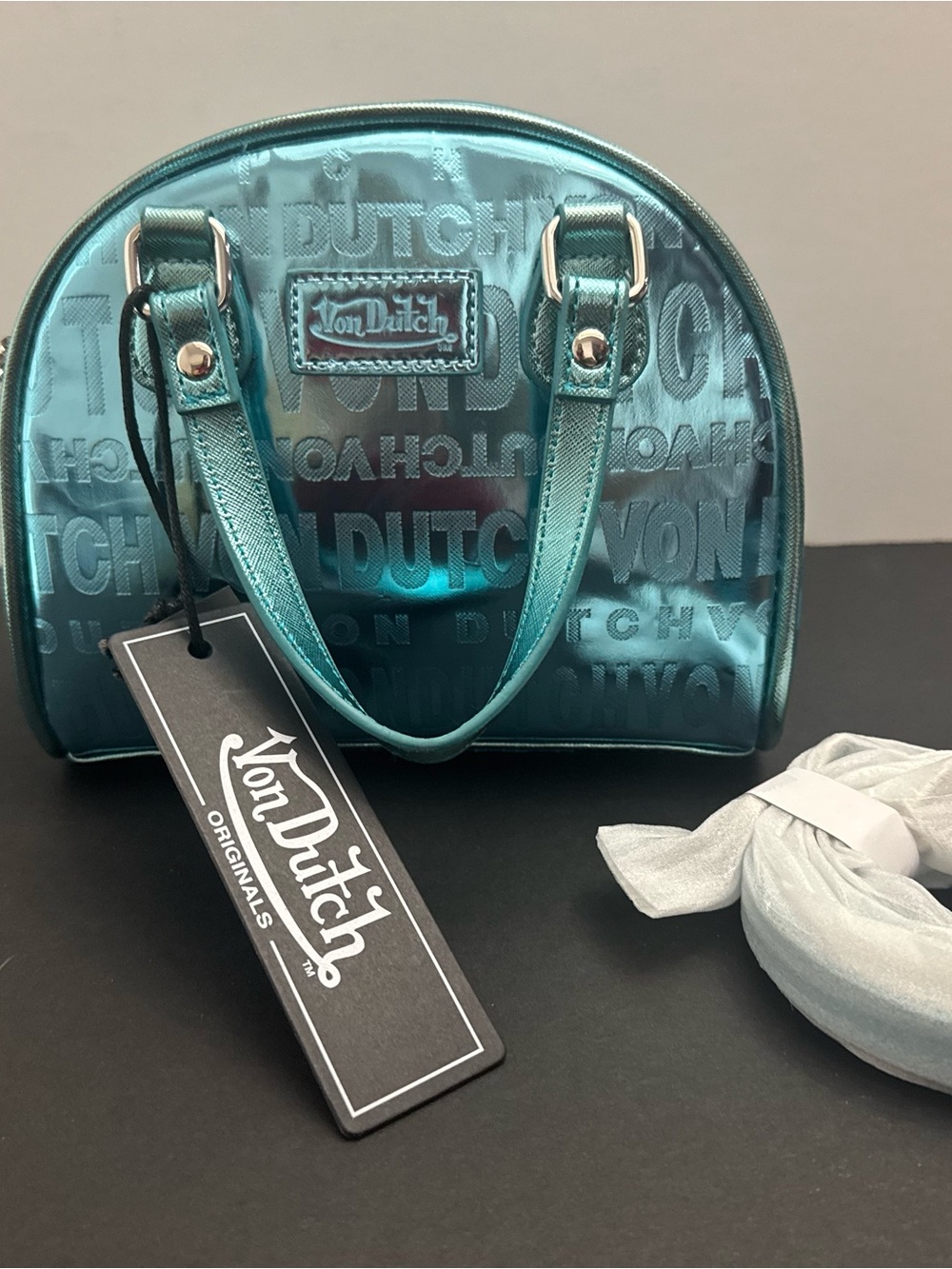 Von Dutch Metallic Blue Reflective Bowling Bag Y2K Shoulder Crossbody NWT